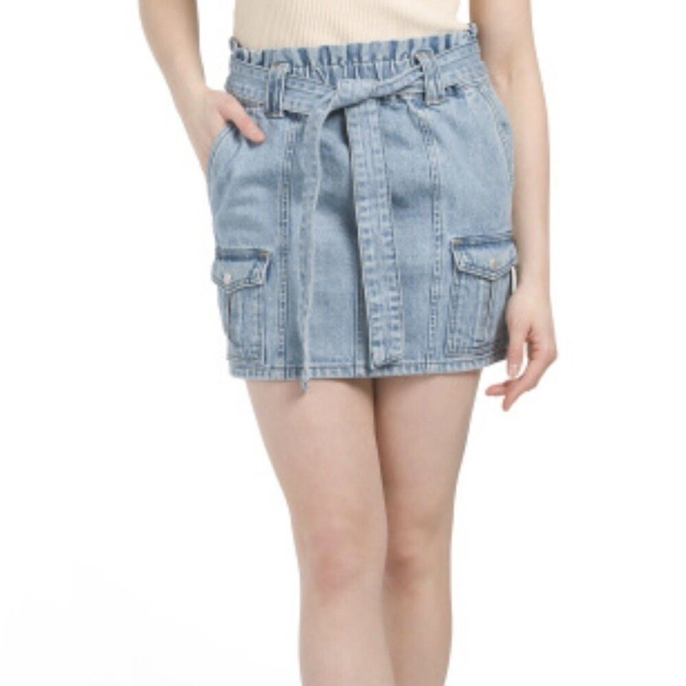 Denim Paperbag Waist Mini Skirt | Belted Jean Skirt with Cargo Pockets - Picture 2 of 6